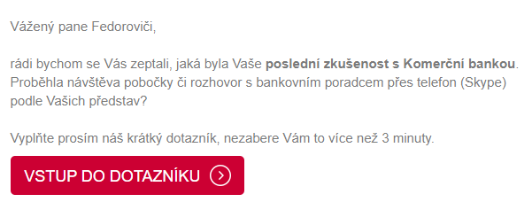 Komerční banka NPS survey email asking about latest branch experience